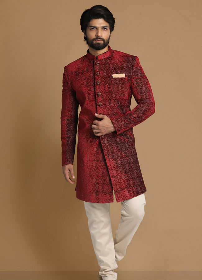 alt message - Manyavar Men Regal Maroon Indo Western Set image number 1